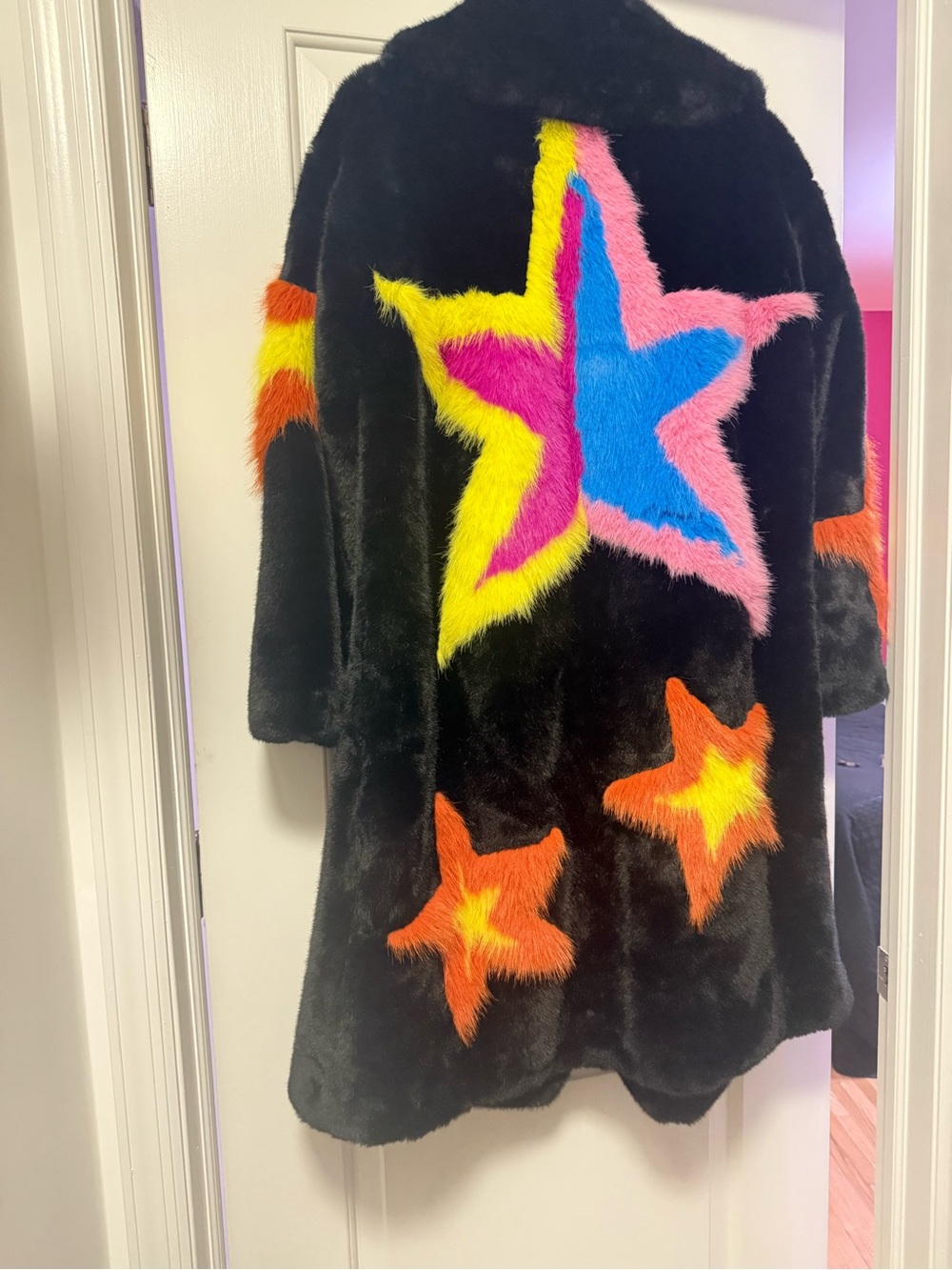 Black Faux Fur Coat with Neon Star & Stripe Patches. - Picture 5 of 9
